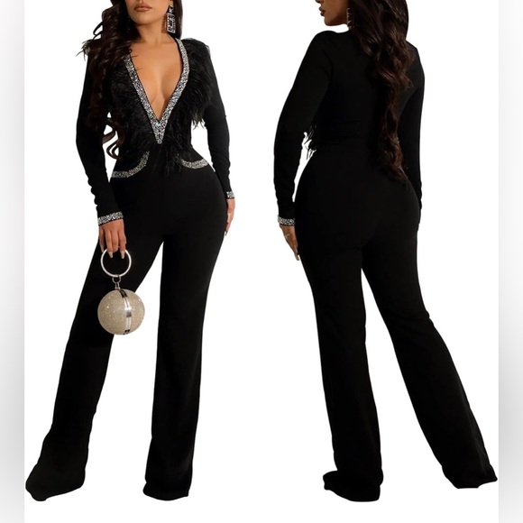 NWOT Rhinestone Feathered Bodycon Jumpsuit Size Small - Picture 2 of 6